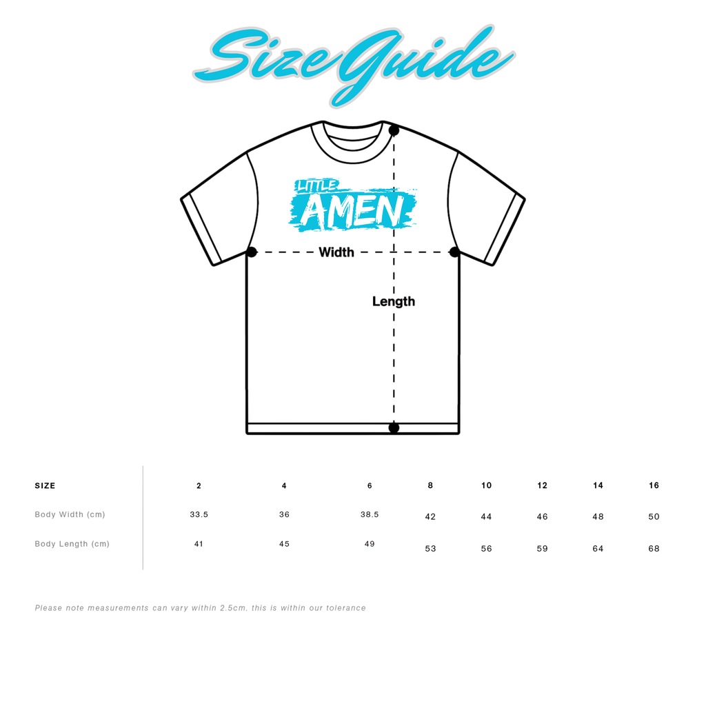 Black faded oversized kids t-shirt with Little Amen blue print, heavyweight Christian streetwear by Amen Apparel Catholic Apparel Tee Jesus Faith Toddler KIng Size guide