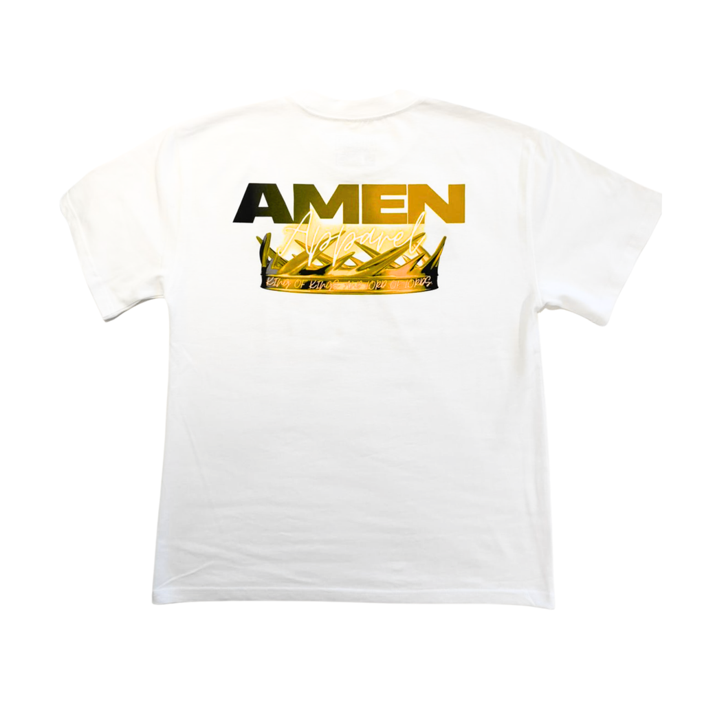 Amen Apparel King of Kings White Tee Gold Crown of thorns oversized t shirt christian catholic amen Streetwear