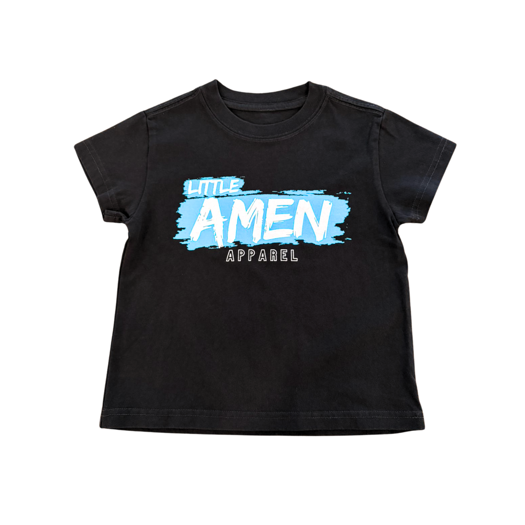 Black faded oversized kids t-shirt with Little Amen blue print, heavyweight Christian streetwear by Amen Apparel Catholic Apparel