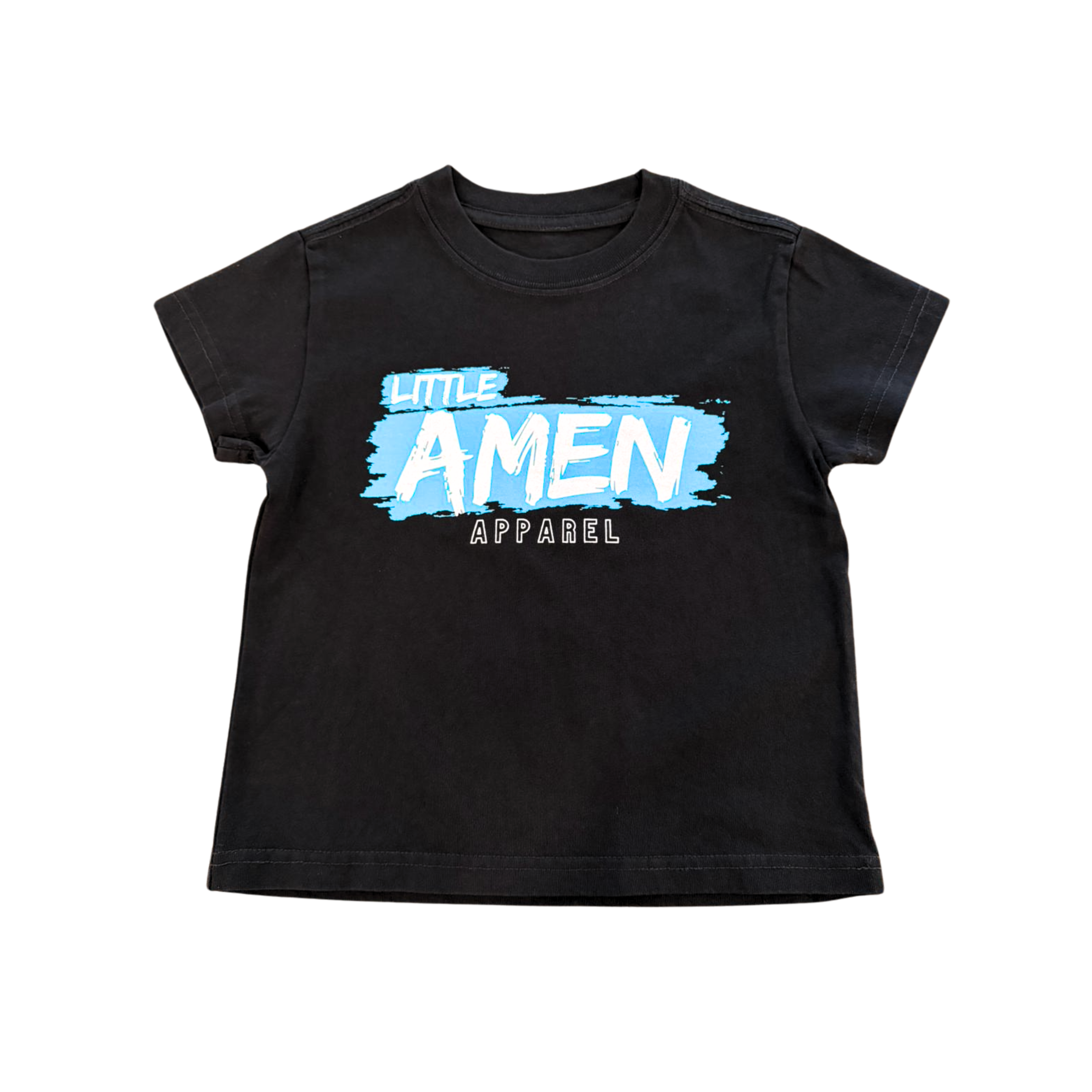 Black faded oversized kids t-shirt with Little Amen blue print, heavyweight Christian streetwear by Amen Apparel Catholic Apparel