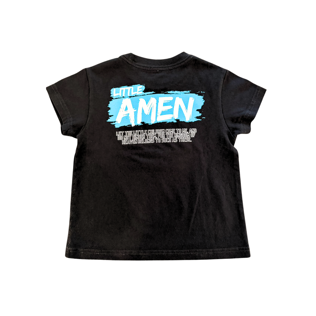 Black faded oversized kids t-shirt with Little Amen blue print, heavyweight Christian streetwear by Amen Apparel Catholic Apparel Tee