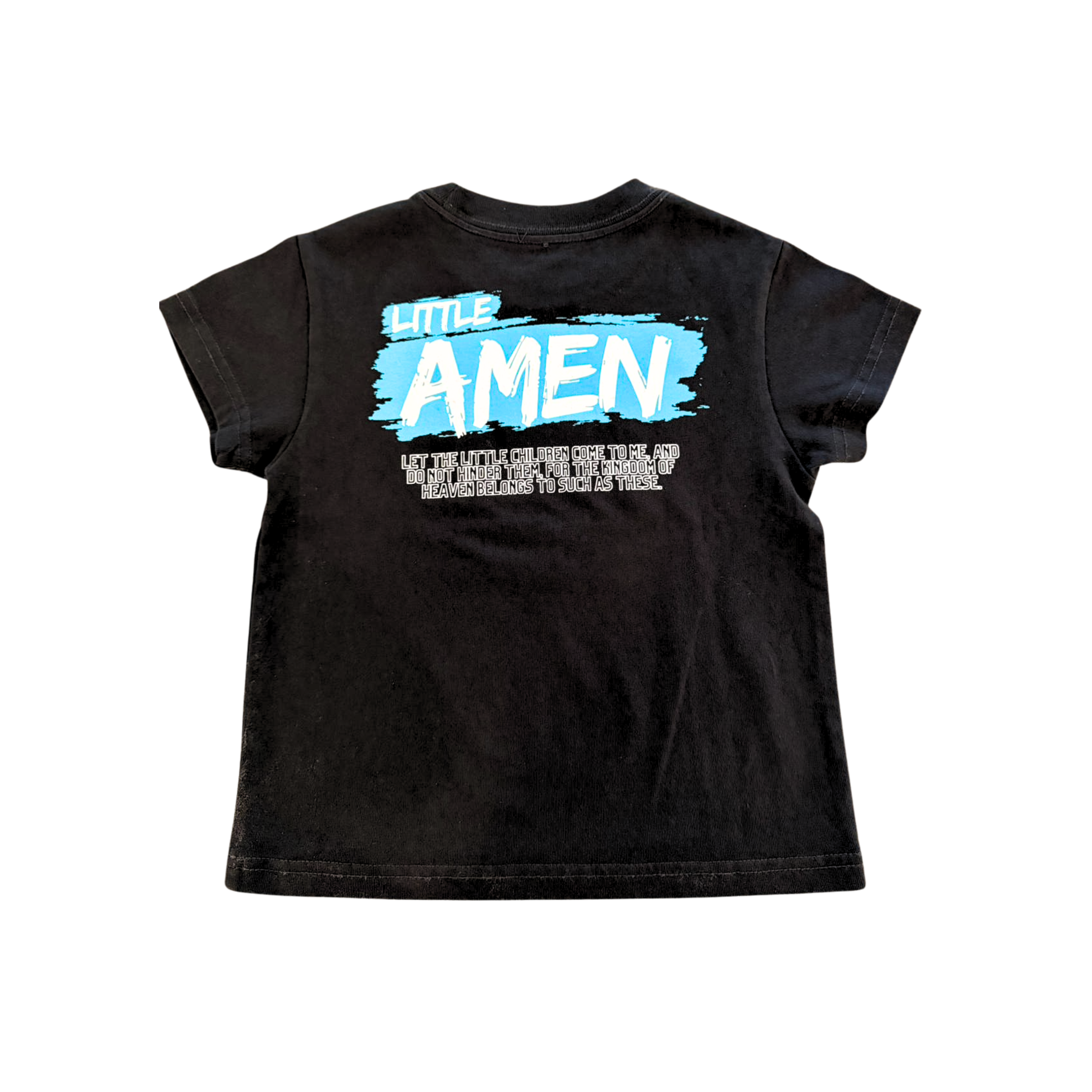 Black faded oversized kids t-shirt with Little Amen blue print, heavyweight Christian streetwear by Amen Apparel Catholic Apparel Tee