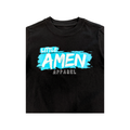 Black faded oversized kids t-shirt with Little Amen blue print, heavyweight Christian streetwear by Amen Apparel Catholic Apparel Tee Jesus