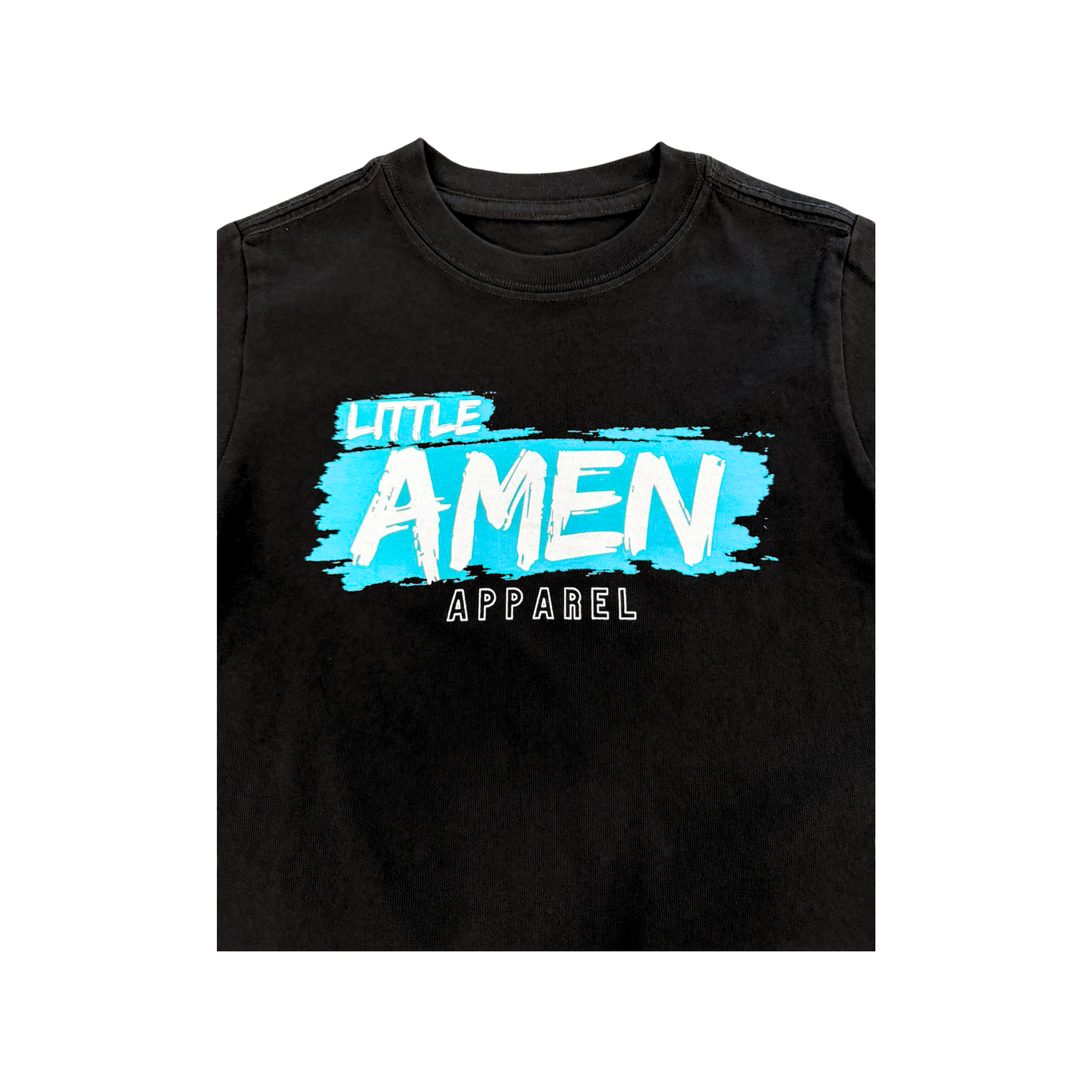 Black faded oversized kids t-shirt with Little Amen blue print, heavyweight Christian streetwear by Amen Apparel Catholic Apparel Tee Jesus
