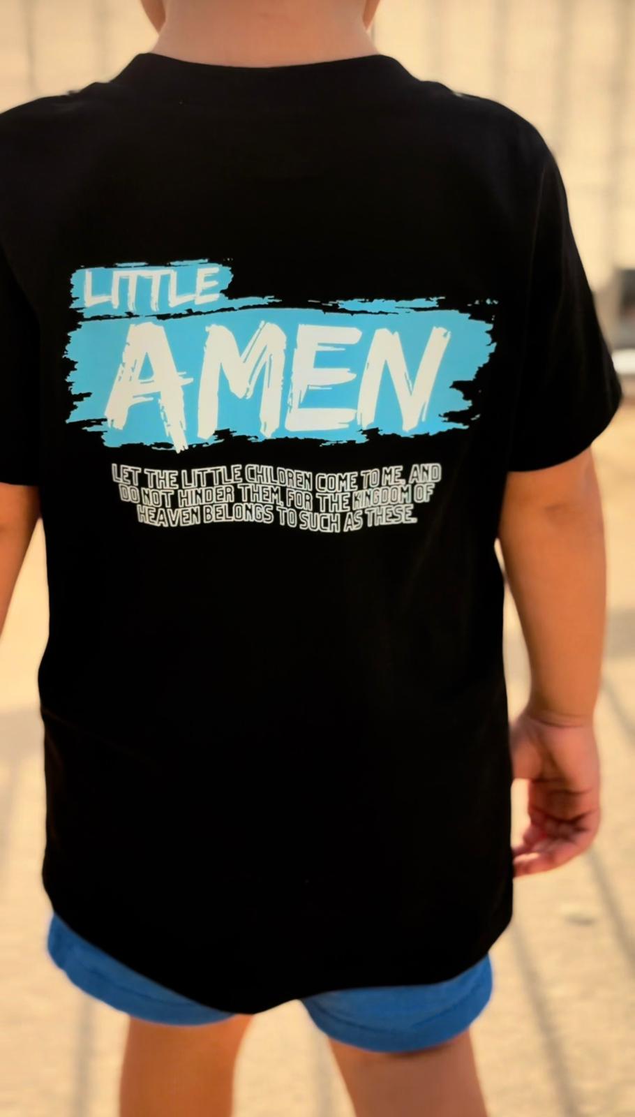 Black faded oversized kids t-shirt with Little Amen blue print, heavyweight Christian streetwear by Amen Apparel Catholic Apparel Tee Jesus Faith Toddler