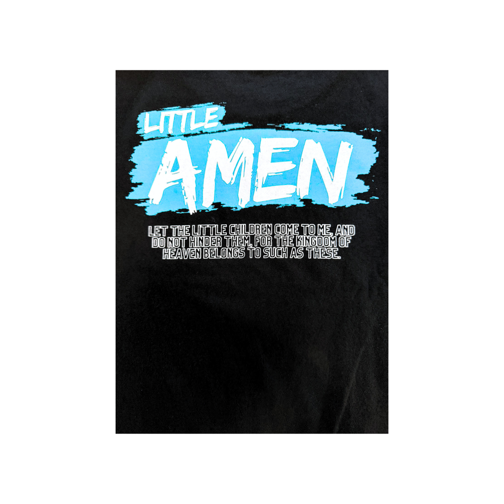 Black faded oversized kids t-shirt with Little Amen blue print, heavyweight Christian streetwear by Amen Apparel Catholic Apparel Tee Jesus Faith